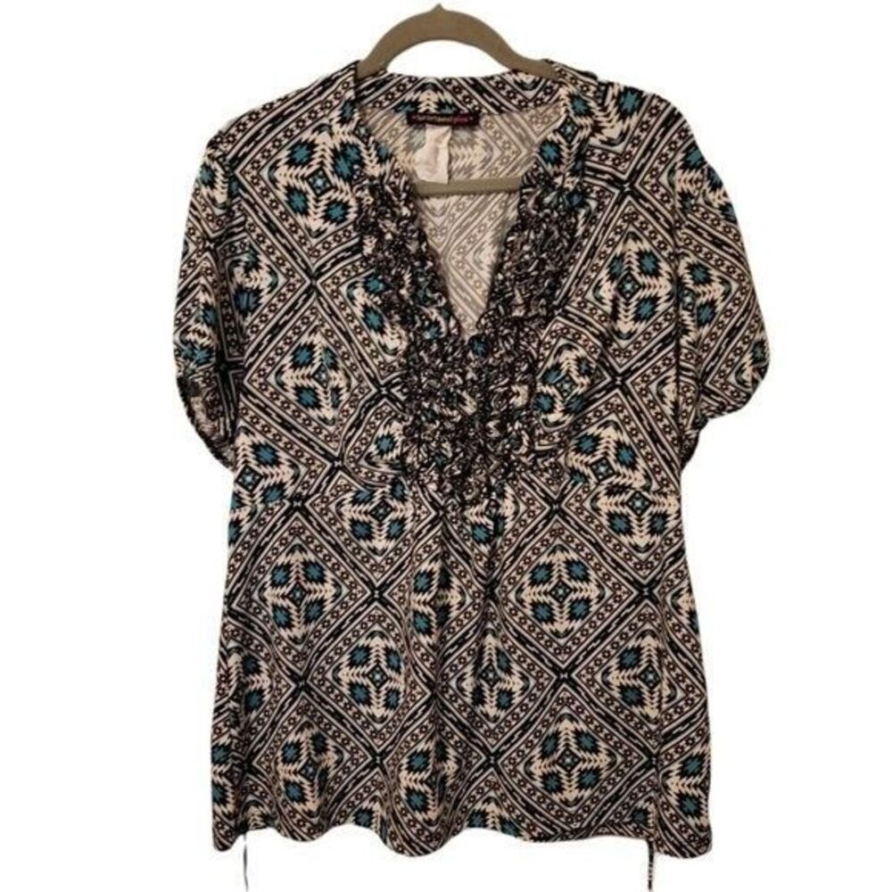 HeartSoul Womens Sz L Blue White Geometric Short Sleeve Blouse